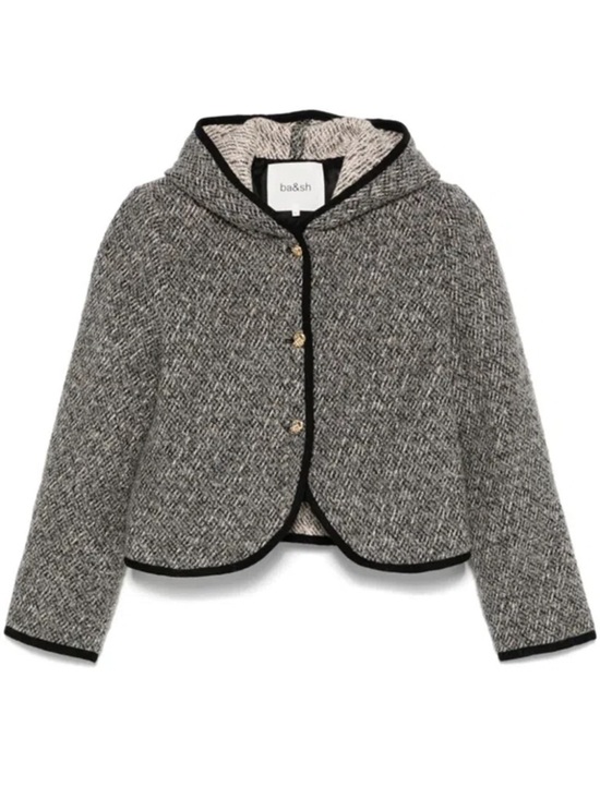 ba&sh Jackets & Blazers - ba&sh Loctave Tweed Cotton Wool Button Trim Hood Jacket Coat Gris Black White